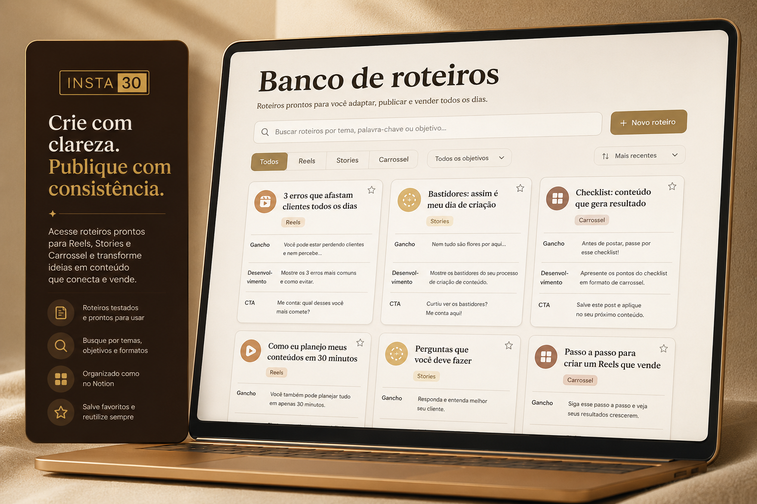 Tela do Plano Insta30: Banco de roteiros